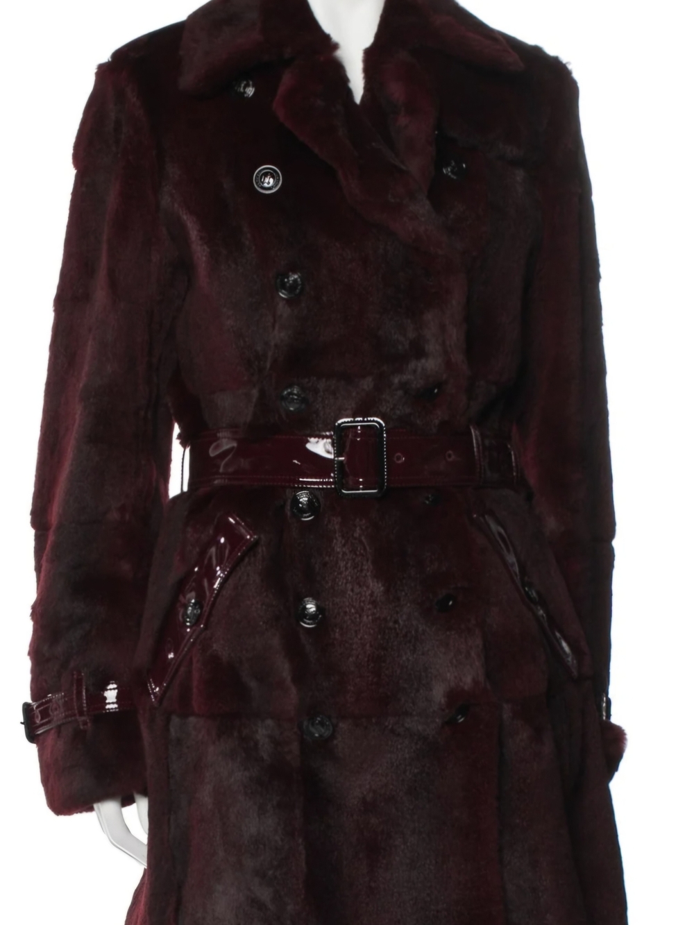 Burberry Burgundy Faux Fur Trench Coat with Patent Belt